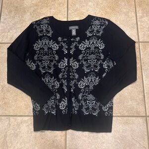 Covington Black Cardigan with Gray Fleur-de-lis Pattern